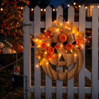 🎃✨Lighted Burlap Pumpkin Wreath