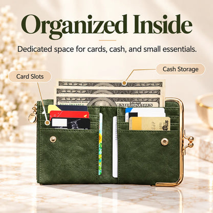 👛 Vintage Kiss-Lock Folding Wallet: Premium Leather, Compact & Chic