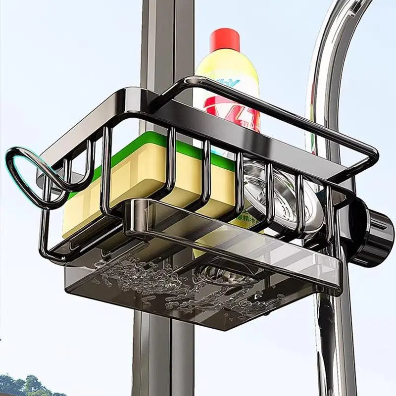 Stainless Steel Hanging Faucet Caddy, Sink Sponge Holder with Drip Tray for Kitchen & Bathroom