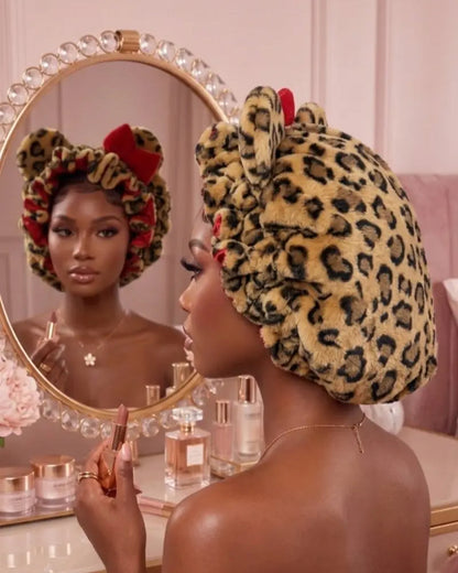 Women's Leopard Print Plush Hair Bonnet with Big Red Bow