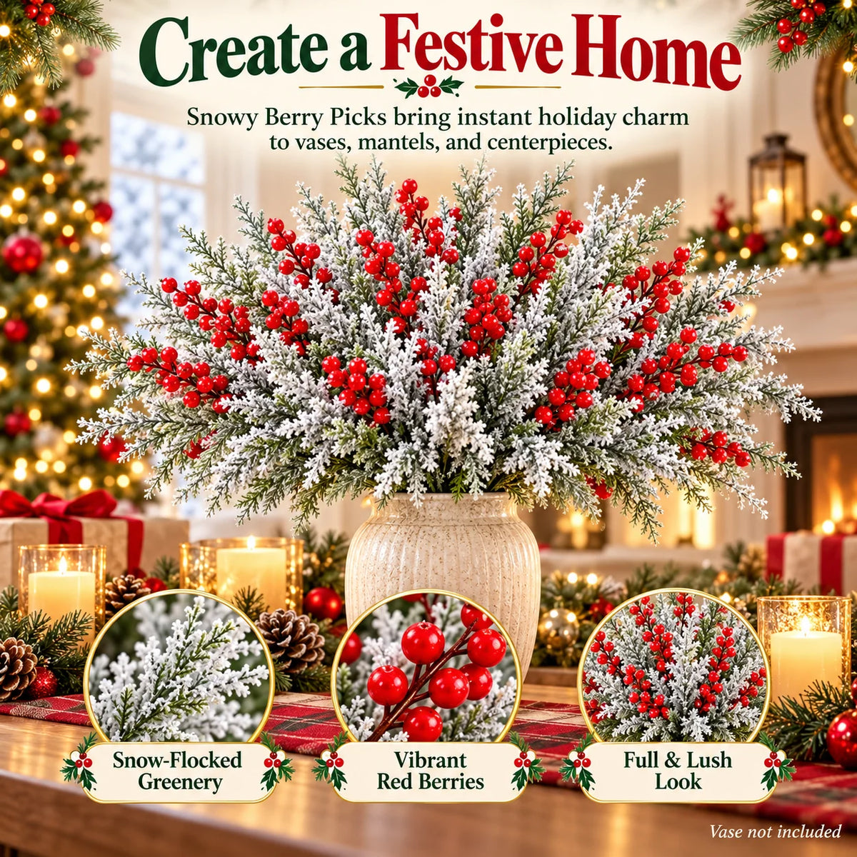 ❄️ Snow-Frosted Christmas Greenery & Red Berry Stems – Elegant Winter Home Decor 🎄
