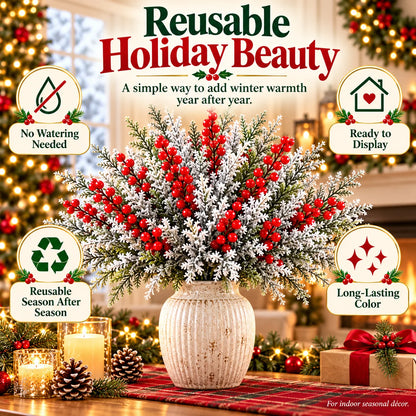 ❄️ Snow-Frosted Christmas Greenery & Red Berry Stems – Elegant Winter Home Decor 🎄