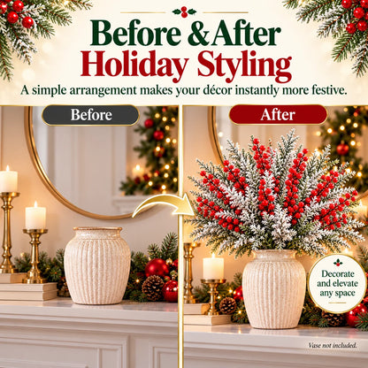 ❄️ Snow-Frosted Christmas Greenery & Red Berry Stems – Elegant Winter Home Decor 🎄