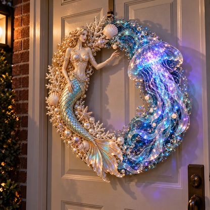🌊 Ocean Enchantment – Lighted Mermaid & Jellyfish Wreath