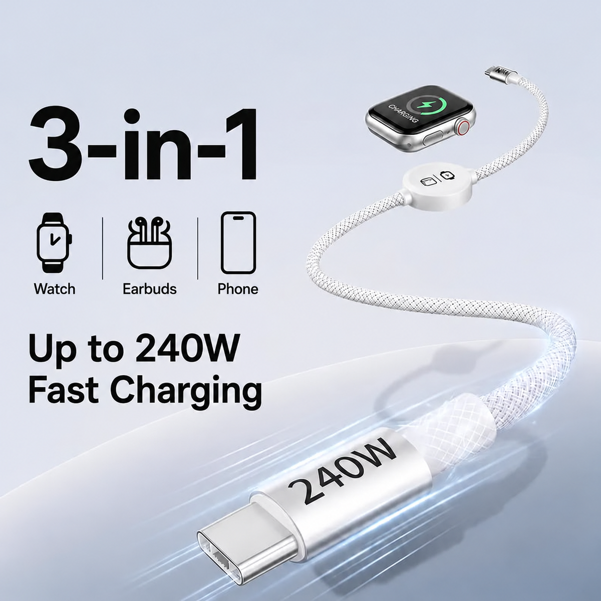 ⚡ 240W 3-in-1 USB-C Travel Charger – Portable Magnetic Watch Charger with 5FT Braided Fast Charging Cable for iPhone, Apple Watch, AirPods, Laptops & Samsung