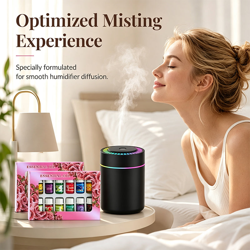 🌈  Aromatherapy Humidifier with Colorful LED Lights & 12-Pack Water-Soluble Essential Oils Set ✨