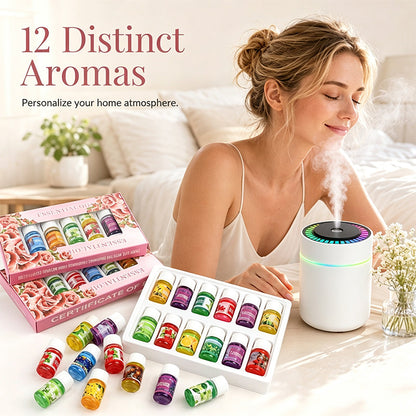 🌈  Aromatherapy Humidifier with Colorful LED Lights & 12-Pack Water-Soluble Essential Oils Set ✨
